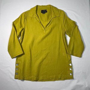 TAHARI SM 100% Linen‎ Chartreuse Tunic Top 3/4 Sleeve Popover Blouse Lagenlook